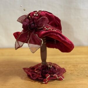 Miniature Victorian Vintage Burgundy Hat with Floral Accents and Stand Figurine